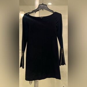 Black fitted Theory dress with zipper sleeves